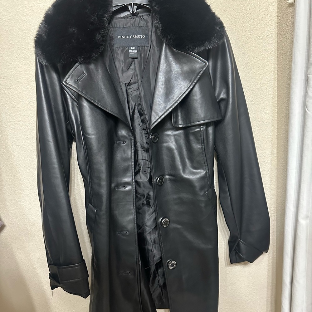 Vince Camuto Black Trench Coat with Fur Collar